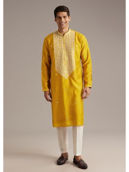 KALKI FASHION - Yellow Silk Full Sleeves Kurta With Pant