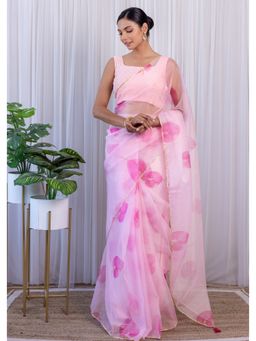 Label Kanupriya - Pink Petal Hand Painted Organza Saree with Unstitched Blouse