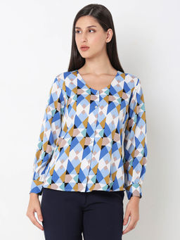 Not So Pink - Printed Blue V-Neck Balloon Sleeve Shirt