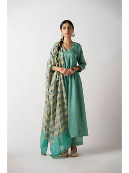 Sukruti Design - Sage Green V Neck Printed Anarkali Kurta with Pant and Dupatta (Set of 3)