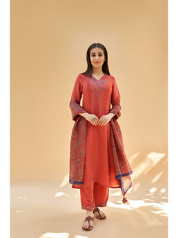 Sukruti Design - Rust & Orange Straight Anarkali Kurta with Pant and Dupatta (Set of 3)