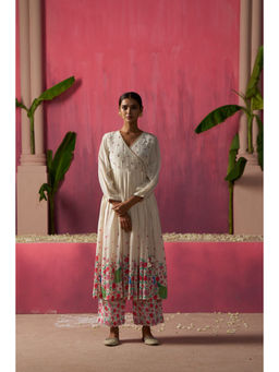 Sukruti Design - Pearl White Flared Printed Anarkali Kurta with Pant (Set of 2)