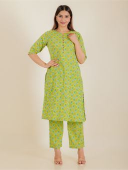 ARAMYA - Green Soft Cotton A-Line Butti Print Kurta with Pant (Set of 2)