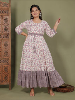 ARAMYA - White Soft Cotton Floral Print Anarkali Kurta with Pant (Set of 2)