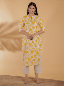ARAMYA - Cream Linen Cotton Straight Floral Print Kurta with Pant (Set of 2)