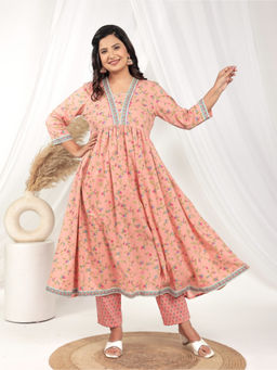 ARAMYA - Peach Soft Cotton Floral Print Anarkali Kurta with Pant (Set of 2)
