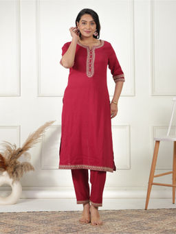 ARAMYA - Maroon Cotton Dobby A-Line Textured Kurta with Pant (Set of 2)