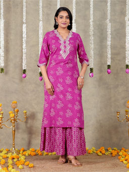 ARAMYA - Purple Soft Cotton Straight Floral Print Kurta with Palazzo (Set of 2)
