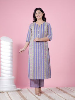 ARAMYA - Blue Soft Cotton A-Line Striped Print Kurta with Pant (Set of 2)