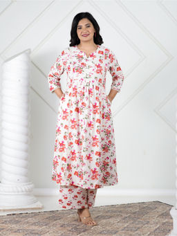 ARAMYA - Cream Linen Cotton Panelled Floral Print Kurta with Palazzo (Set of 2)