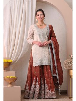 Shop Begum - Crimson Glow Royal Kurti and Palazzo with Dupatta-Off White