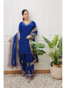 Shop Begum - Gulmarg Farshi Pure Crepe Kurta and Salwar with Dupatta-Blue