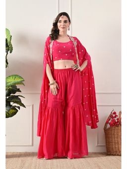 Shop Begum - Modeaura Pure Georgette Cape and Blouse with Sharara-Pink