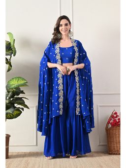 Shop Begum - Modeaura Pure Georgette Cape and Blouse with Sharara-Blue