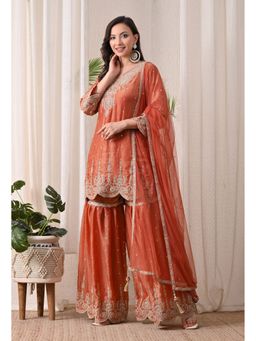 Shop Begum - Noor -E- Nazakat Pure Silk Kurta and Sharara with Dupatta-Rust