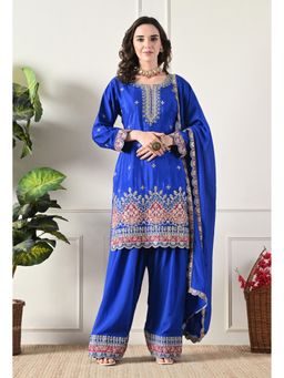 Shop Begum - Radiant Royale Farshi Pure Crepe Kurta and Palazzo with Dupatta-Blue