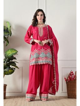 Shop Begum - Radiant Royale Farshi Pure Crepe Kurta and Palazzo with Dupatta-Pink