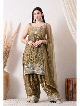Shop Begum - Rang - E - Naz farshi Pure Tissue Kurta and Salwar with Dupatta-Olive