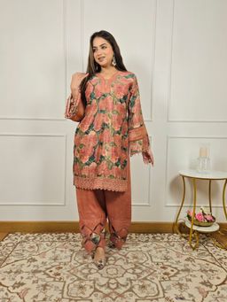 Shop Begum - Rosewood Pure Chinon Co-ord Set-Brown