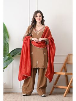 Shop Begum - Ruksaar-E-Zar Kurta and Palazzo with Dupatta-Brown