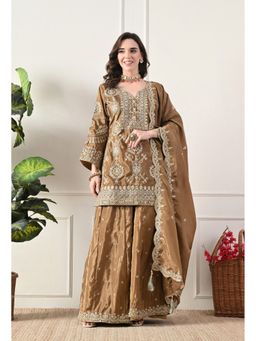 Shop Begum - Shahi Ada Pure Crepe Kurti and Palazzo with Dupatta-Brown