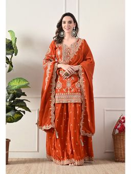 Shop Begum - Shahi Ada Pure Crepe Kurti and Palazzo with Dupatta-Rust