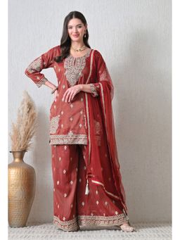 Shop Begum - Sona-e-adaab Kurti and Palazzo with Dupatta-Maroon