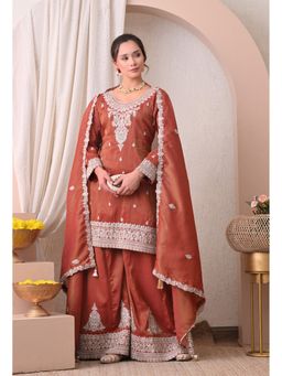 Shop Begum - Sona-e-adaab Kurti and Palazzo with Dupatta-Rust