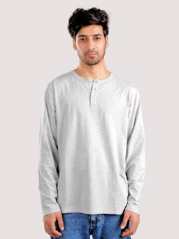 roar for good - Organic Cotton Henley Full Sleeve T-Shirt - Light Grey Melange