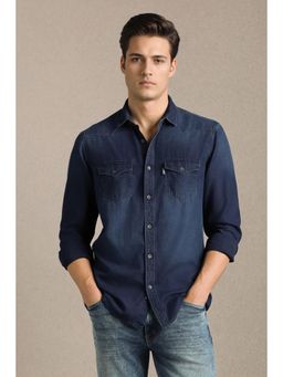 Louis Philippe - Men Navy Blue Cotton Full Sleeves Shirt