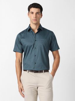 Van Heusen - Men Teal Cotton Half Sleeves Shirt
