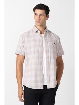 Van Heusen - Men Beige Cotton Half Sleeves Shirt