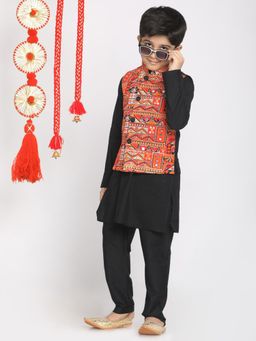 Vastramay - Boys Orange & Black Jacket With Kurta & Pyjama (Set of 3)