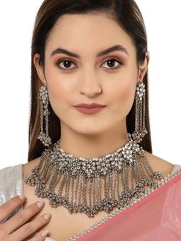 Karatcart - Oxidised Silver Tone Pearl and Silver Ball Studded Kundan Choker Necklace Set (Set of 2)