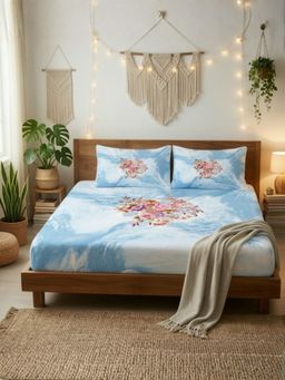 Florida - Blue 180 TC Cotton King Bedsheet with 2 Pillow Covers