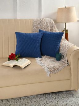 Florida - Geometric Quilted Velvet Cushion Cover - Blue (Pack of 2)