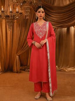 Gahan - Womens Red Silk Blend Embroidered Kurta with Pant & Dupatta