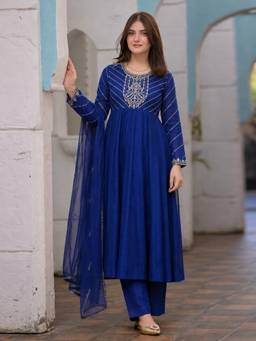 Gahan - Womens Blue Vichita Silk Embroidered Anarkali Kurta with Pant & Dupatta