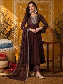 Gahan - Womens Brown Silk Blend Embroidered Anarkali Kurta with Pant & Dupatta