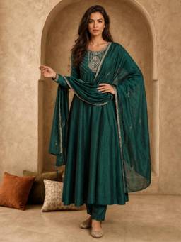 Gahan - Womens Green Silk Blend Embroidered Anarkali Kurta with Pant & Dupatta
