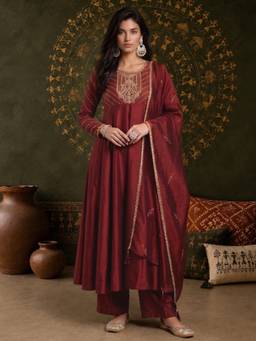 Gahan - Womens Maroon Silk Blend Embroidered Anarkali Kurta with Pant & Dupatta