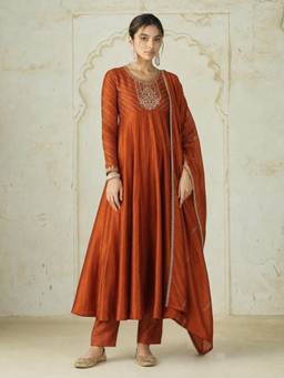 Gahan - Womens Rust Vichita Silk Embroidered Anarkali Kurta with Pant & Dupatta
