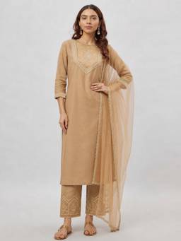 Gahan - Womens Beige Silk Blend Zari Work Woven Design Kurta with Pant & Dupatta