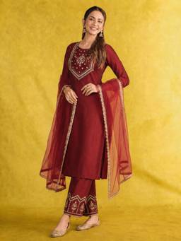 Gahan - Womens Maroon Silk Blend Zari Work Woven Design Kurta with Pant & Dupatta