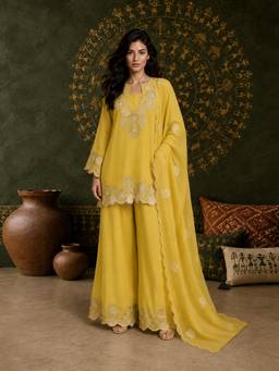Gahan - Womens Yellow Silk Blend Embroidered Kurta with Palazzo & Dupatta