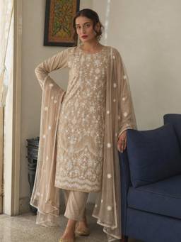 Gahan - Womens Beige Silk Blend Embroidered Straight Kurta with Pant & Dupatta
