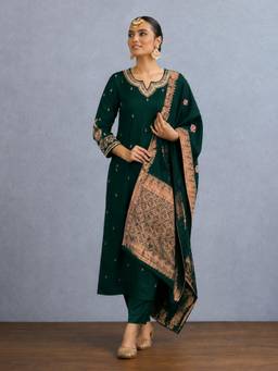 Gahan - Womens Green Silk Blend Zari Work Woven Design Kurta with Pant & Dupatta