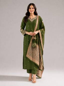 Gahan - Womens Olive Silk Blend Zari Work Woven Design Kurta with Pant & Dupatta