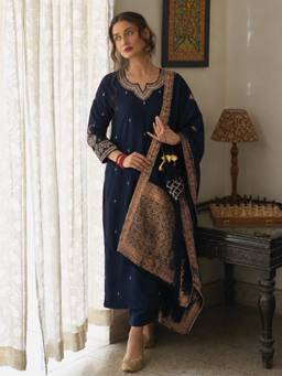 Gahan - Womens Navy Blue Silk Blend Zari Work Woven Design Kurta with Pant & Dupatta