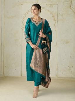 Gahan - Womens Silk Blend Zari Work Woven Design Kurta with Pant & Dupatta